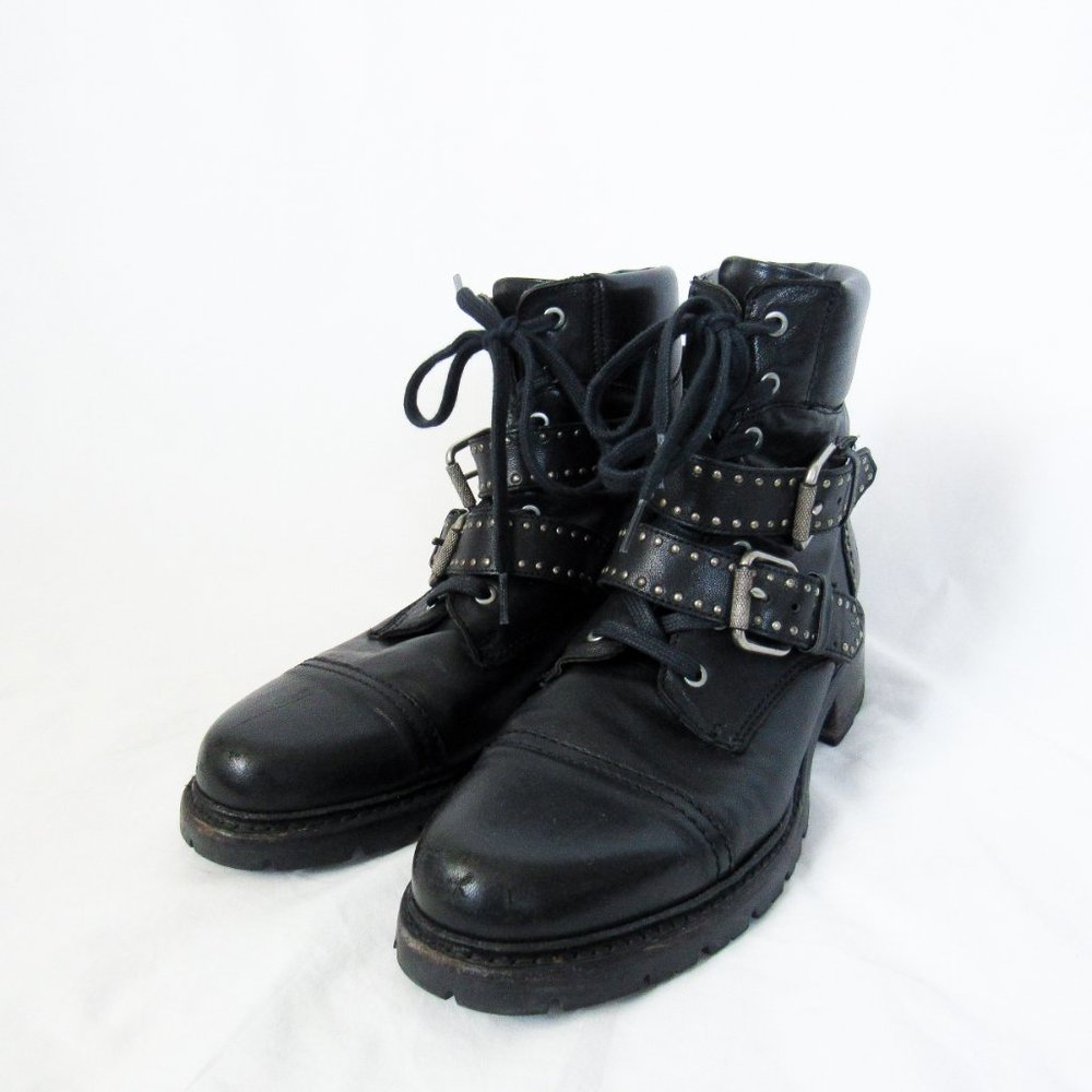 SOLD FRYE Black Leather 'Samantha' Studded Combat Biker Moto Boots -9 1/2 - Picture 2 of 15